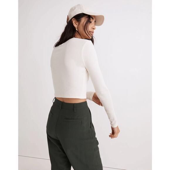 Madewell Antique Cream Fine Ribbed Supercrop Crewneck Long-Sleeve Tee NWT Small - Picture 4 of 7